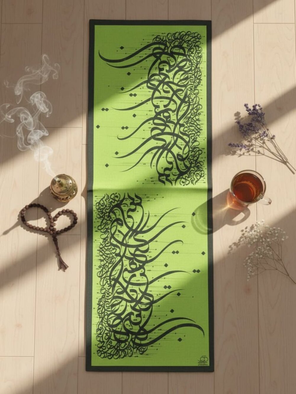 Green Velvet Table Runner with Black Persian Calligraphy